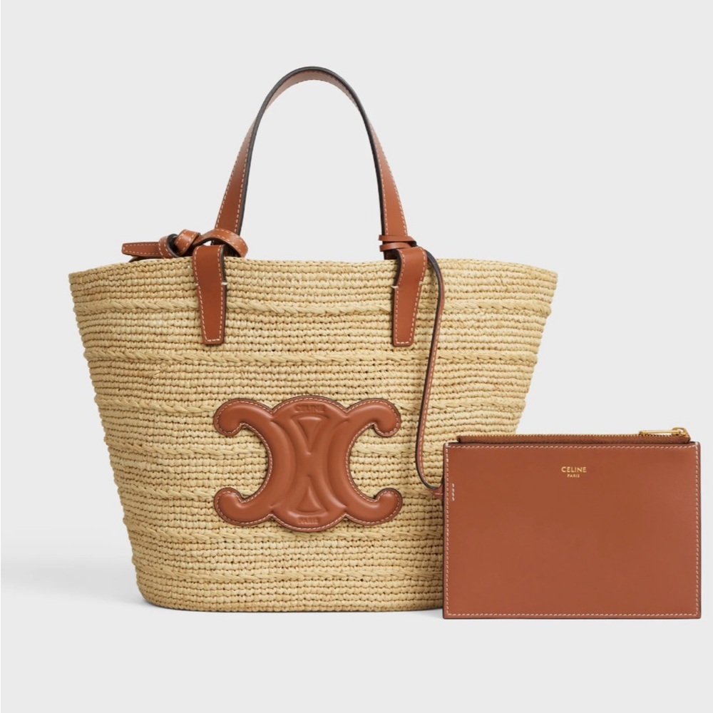 CELINE TEEN CLASSIC PANIER IN RAFFIA AND CALFSKIN
